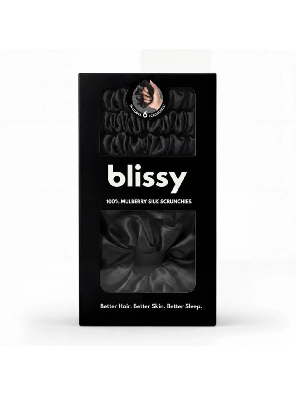 New, unopened Blissy 6pk Mulberry Silk Scrunchie (3 skinny/3 reg.) MSRP $60